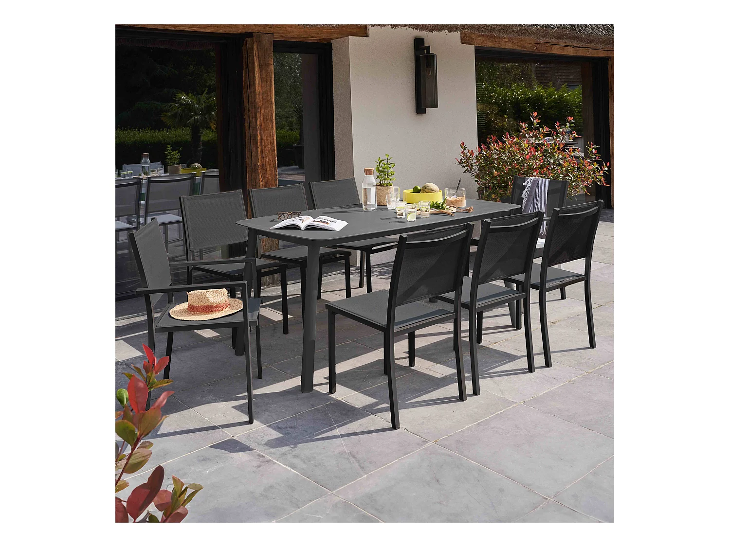 Table de jardin rectangulaire en aluminium et pierre frittée gris