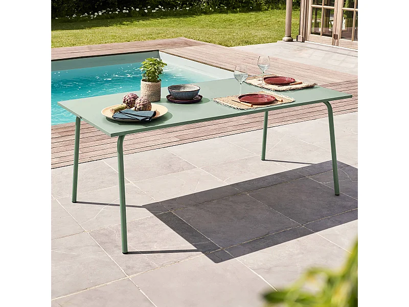 Table de jardin rectangulaire en métal vert sauge 180 cm - Palavas