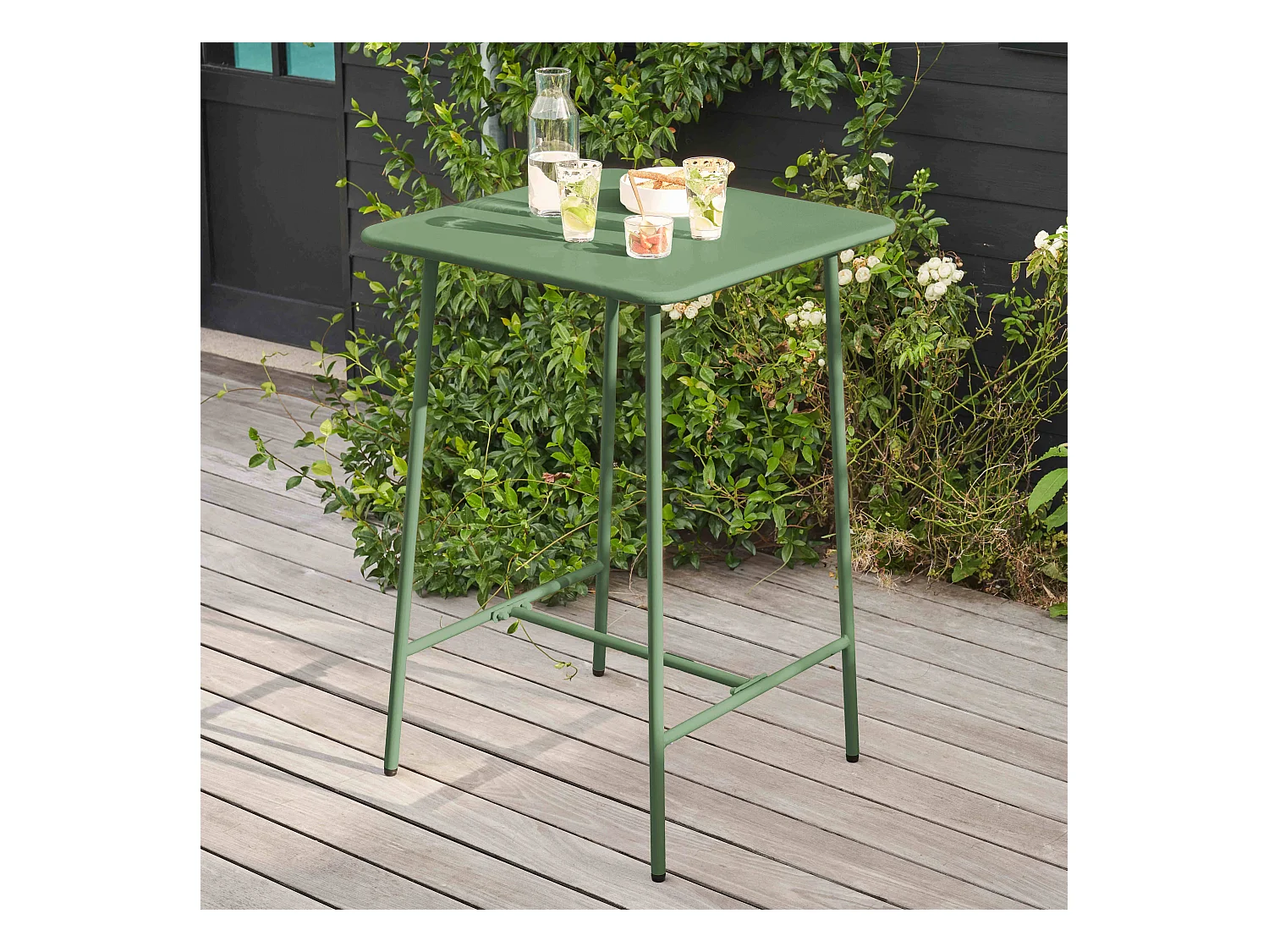 Table haute de jardin carrée en acier vert cactus - Palavas