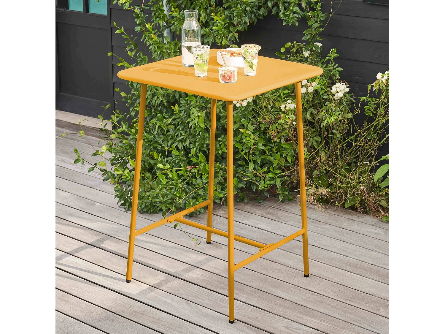 Table haute de jardin carrée en acier jaune - Palavas