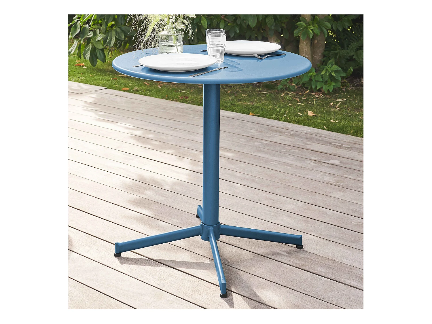 Table de jardin ronde bistro inclinable en acier bleu pacific - Palavas