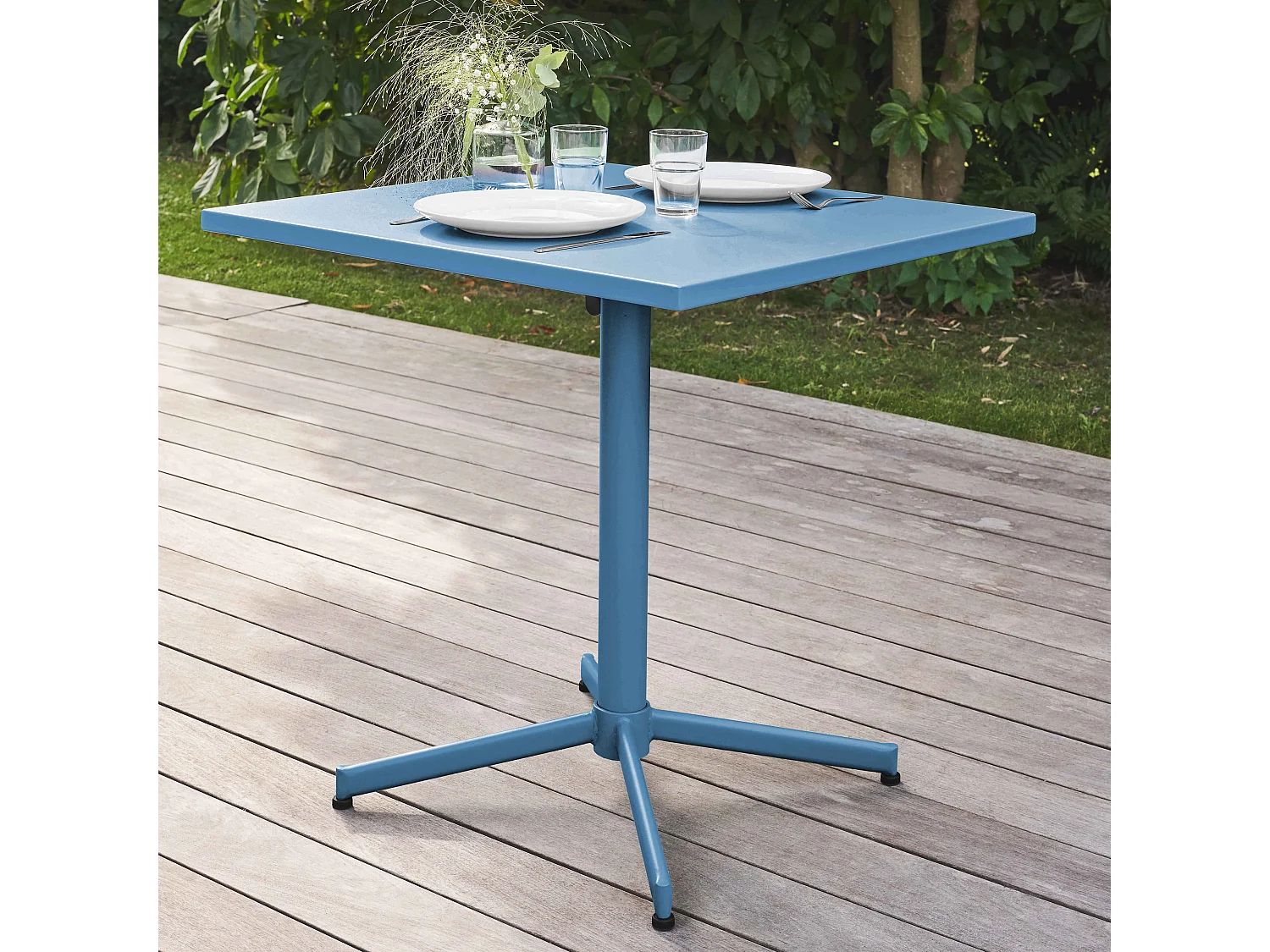 Vierkante bistro tuin tafel met verstelbaar blauw pacific stalen frame