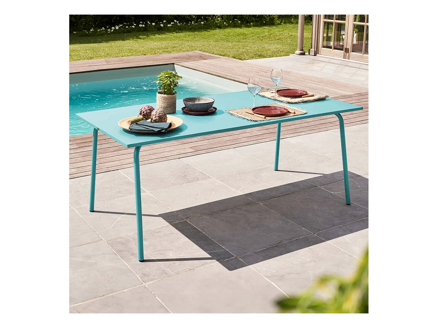 Table de jardin rectangulaire en métal turquoise 180 cm - Palavas