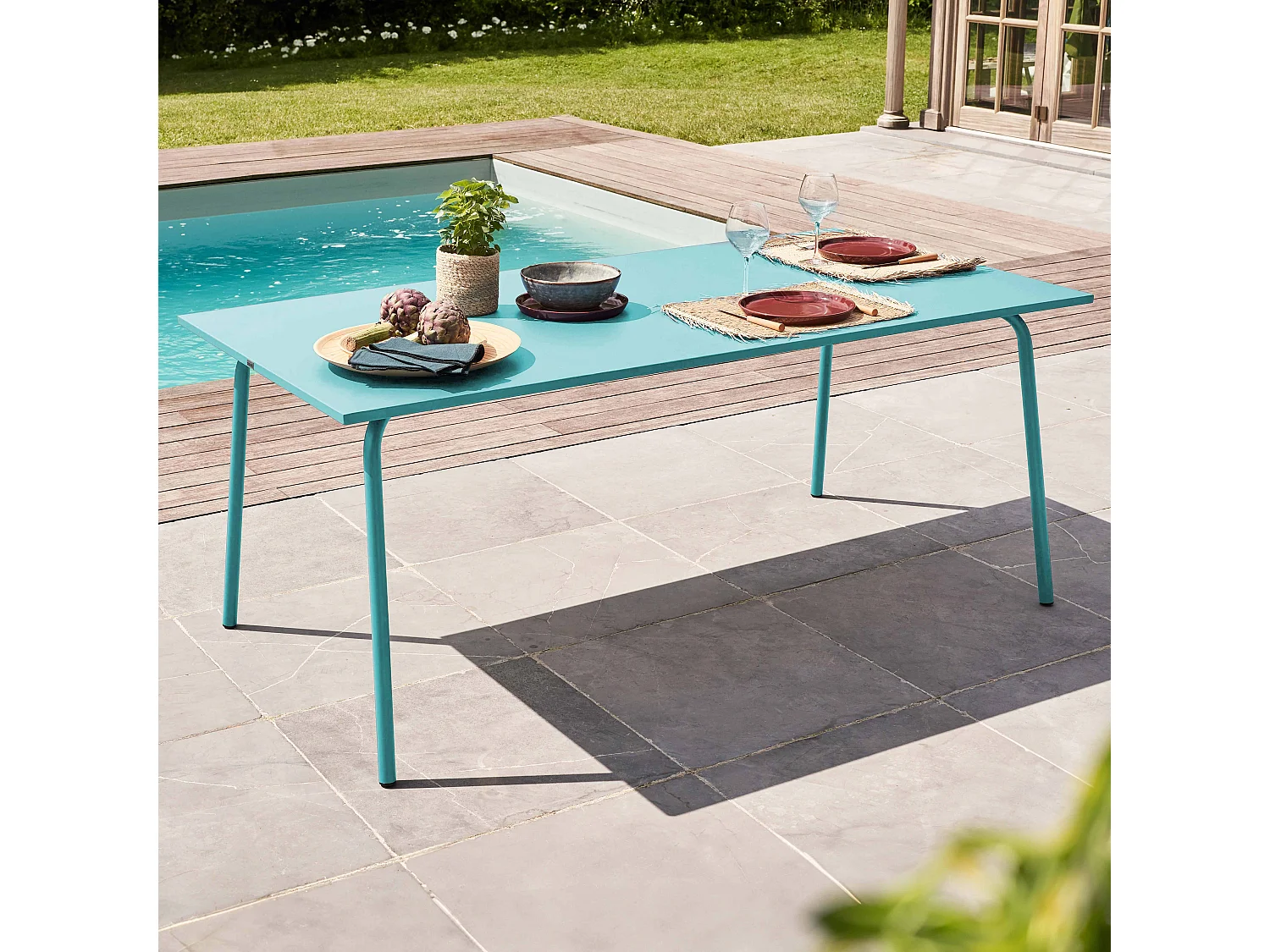 Table de jardin rectangulaire en métal turquoise 180 cm - Palavas