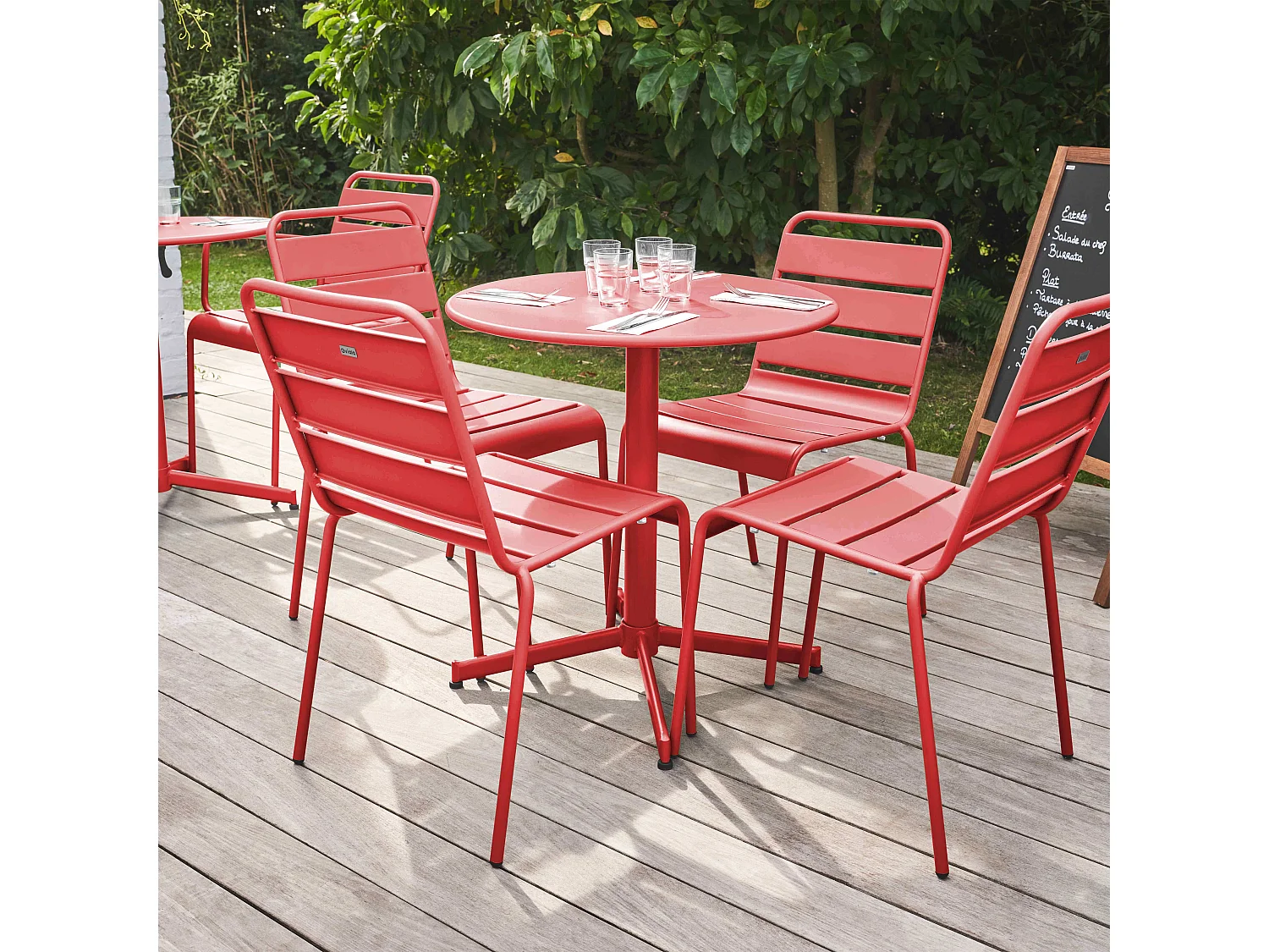 Ensemble table de jardin ronde et 4 chaises rouge - Palavas