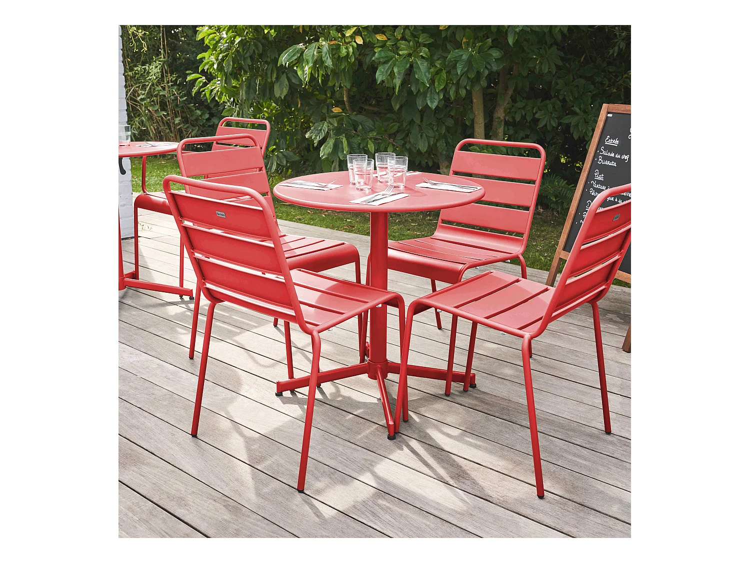 Ensemble table de jardin ronde et 4 chaises rouge - Palavas