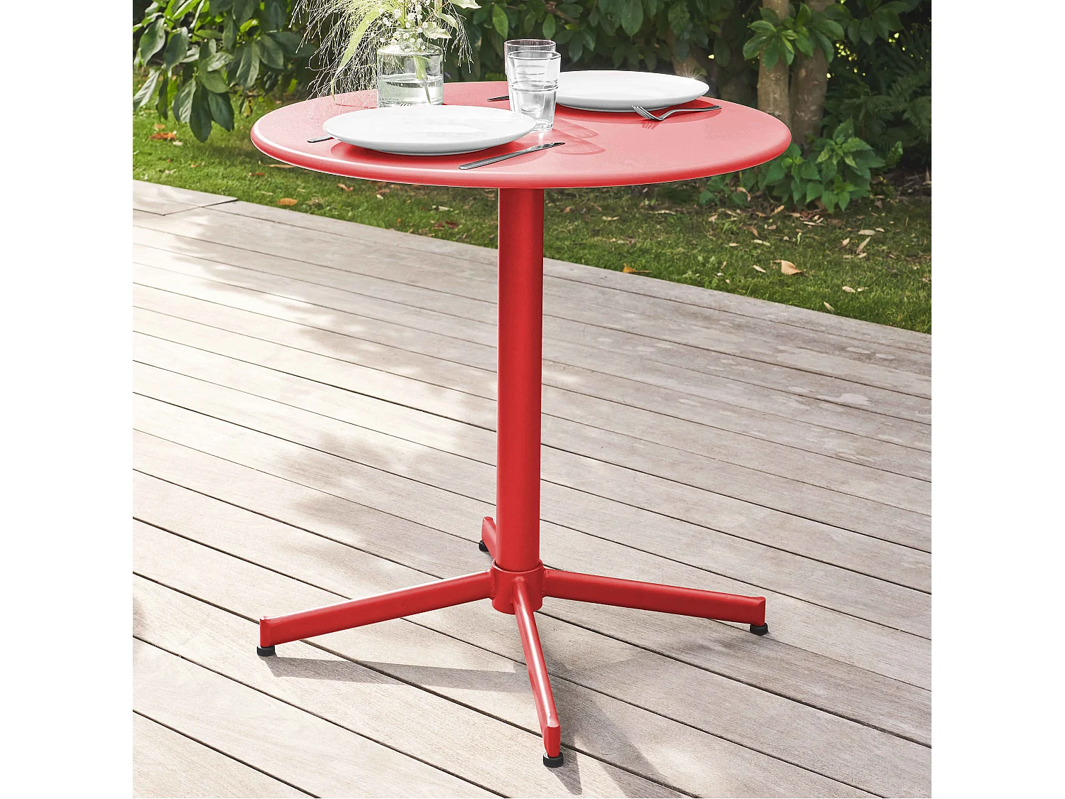 Ensemble table de jardin ronde et 4 chaises rouge - Palavas