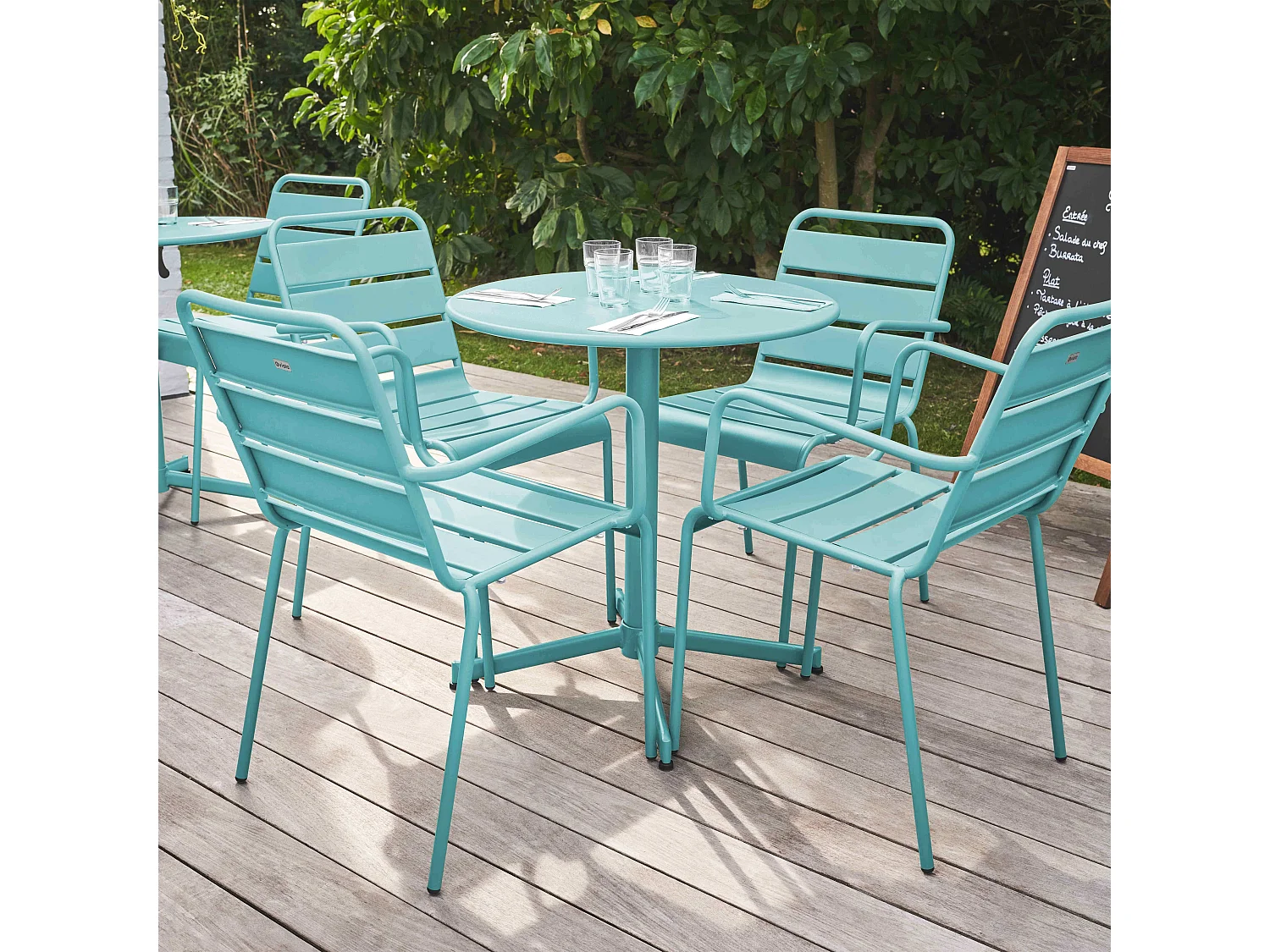Ensemble table de jardin et 4 fauteuils métal turquoise - Palavas