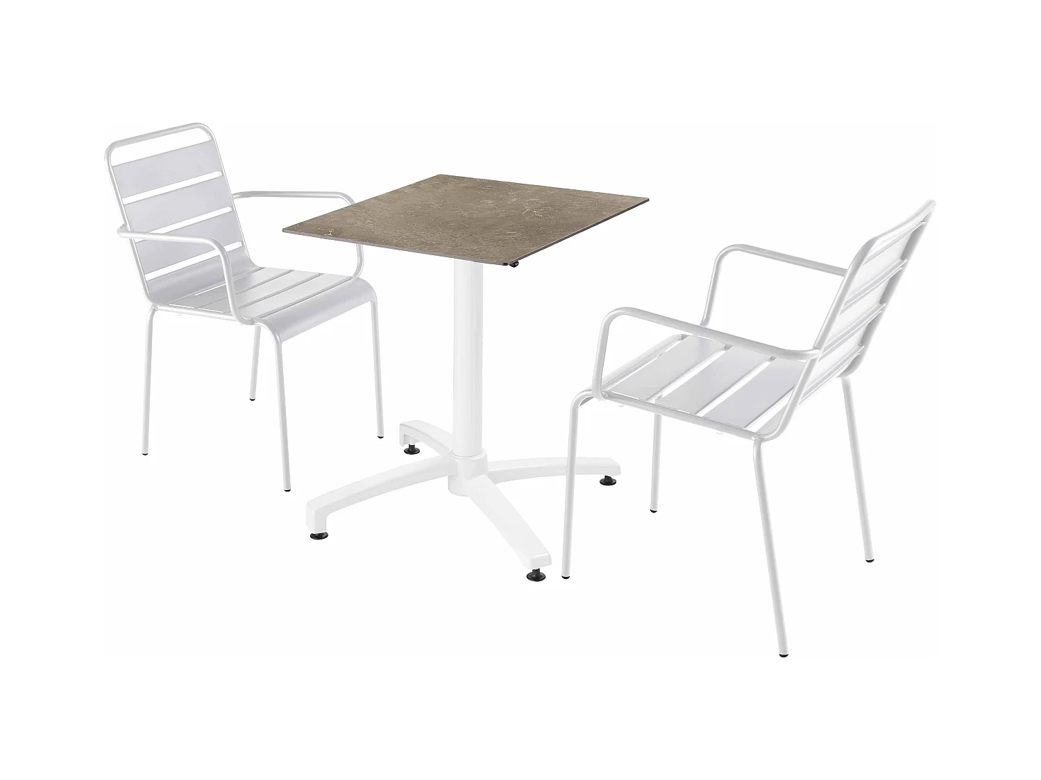 Ensemble table de terrasse stratifié marbre beige et 2 fauteuils blanc