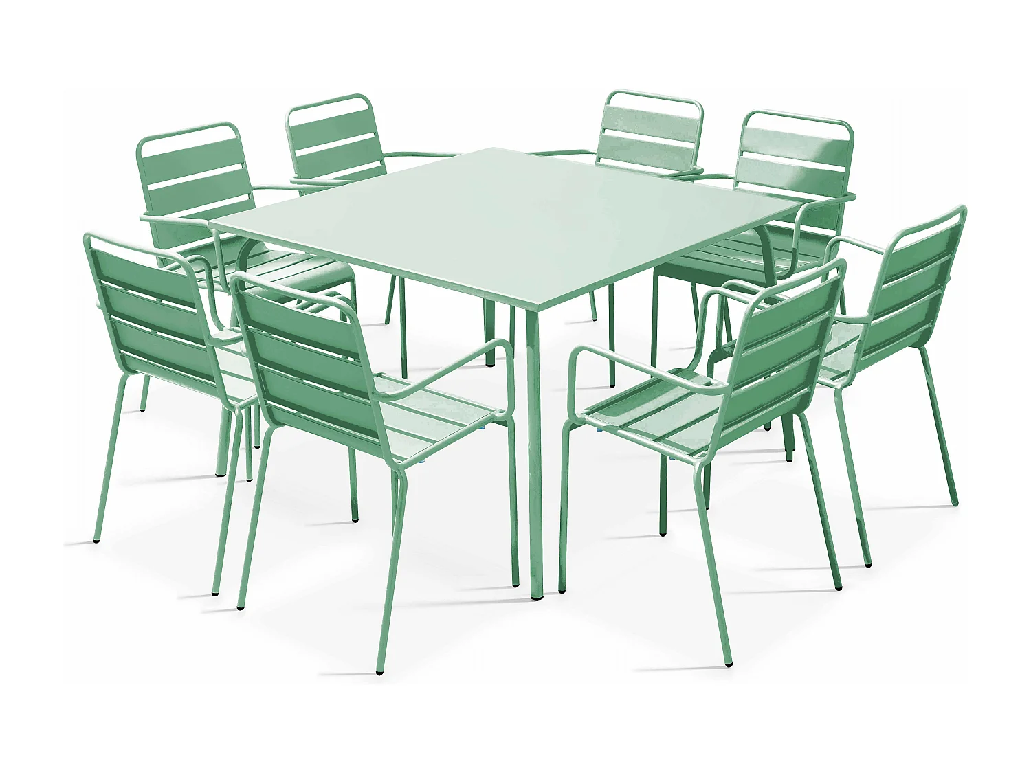 Ensemble table de jardin carrée et 8 fauteuils en métal vert sauge - Palavas