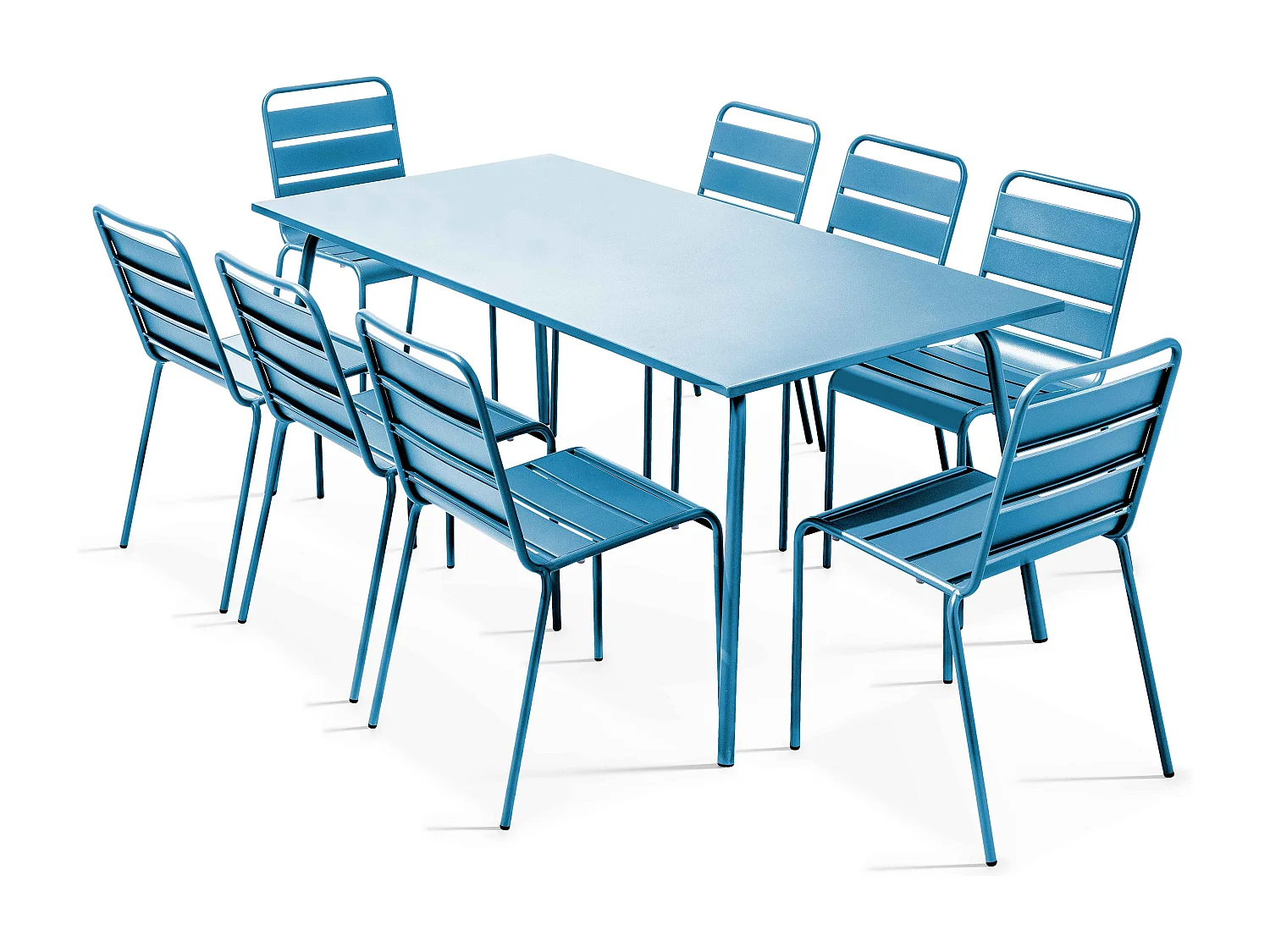 Tuinset met tafel en 8 blauwe Pacific stoelen