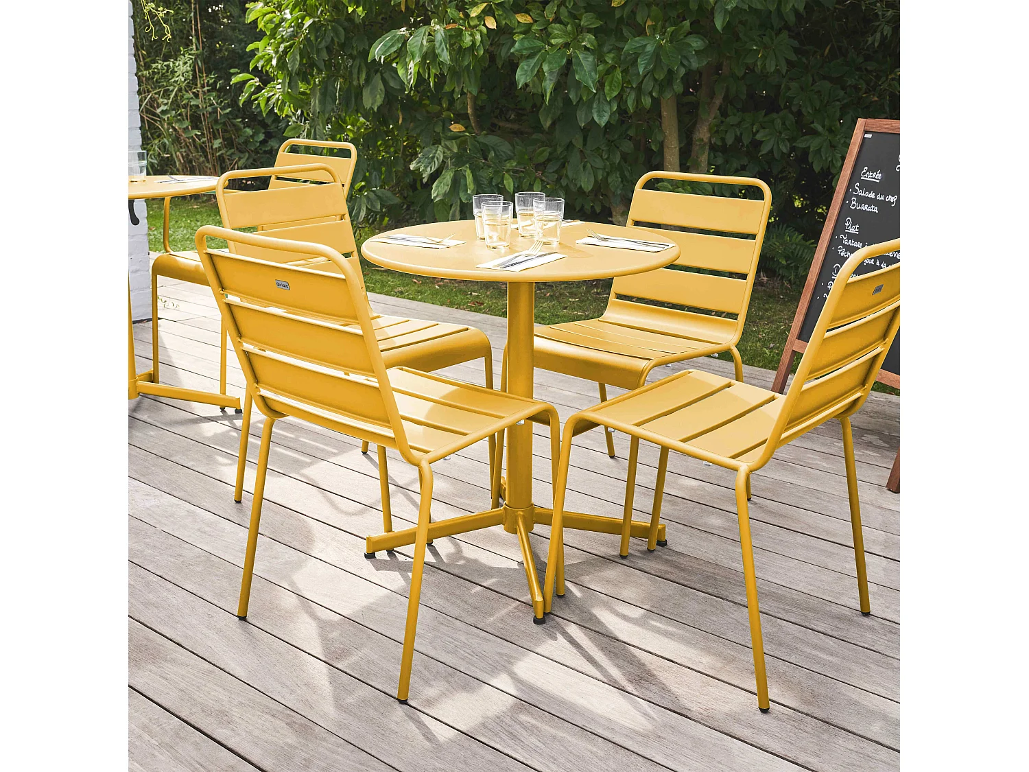 Ensemble table de jardin ronde et 4 chaises jaune - Palavas