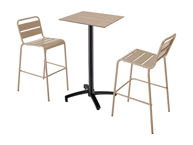 Ensemble table haute stratifié chêne et 2 chaises hautes taupe