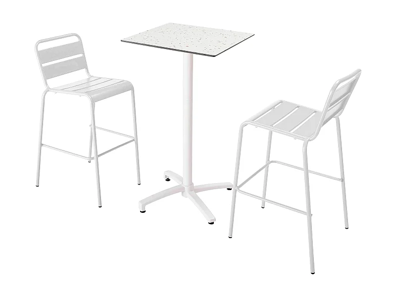 Set hoge tafel met terrazzo laminaat en 2 witte stoelen