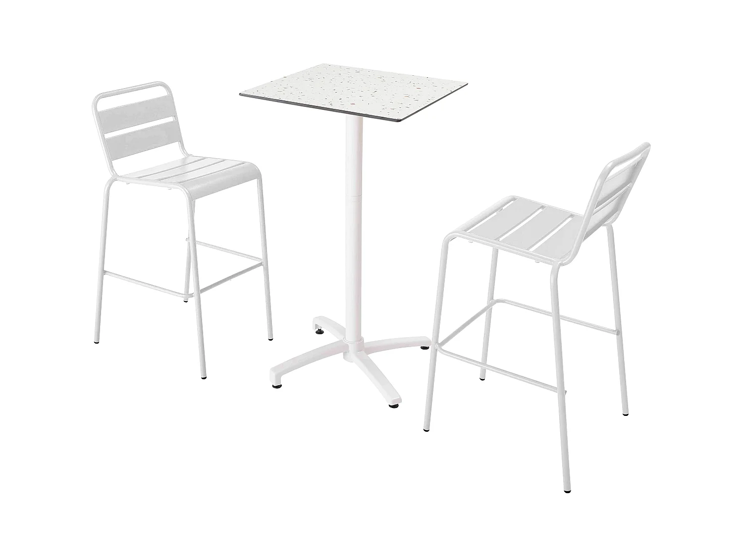 Ensemble table haute stratifié terrazzo et 2 chaises blanc