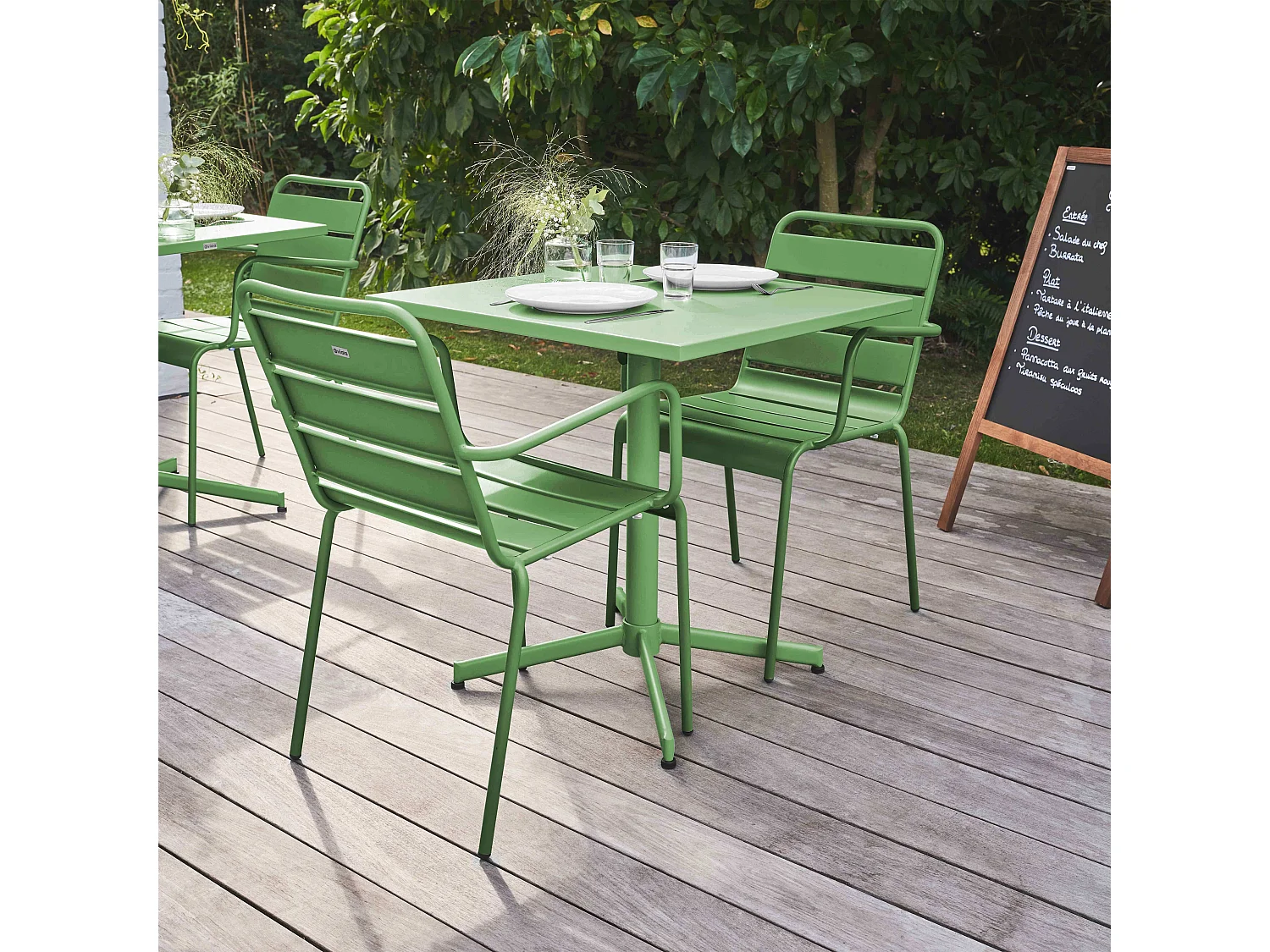 Ensemble table de jardin carrée et 2 fauteuils métal vert cactus  - Palavas