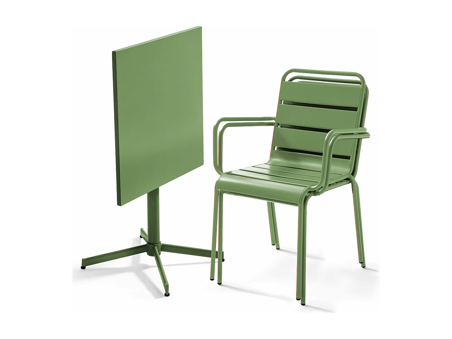 Ensemble table de jardin carrée et 2 fauteuils métal vert cactus  - Palavas