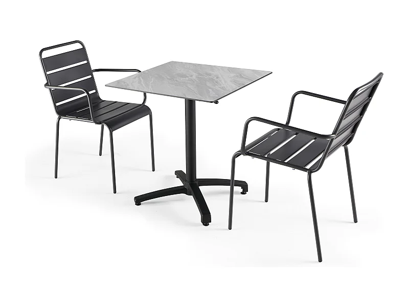 Ensemble table de jardin stratifié marbre et 2 fauteuils gris