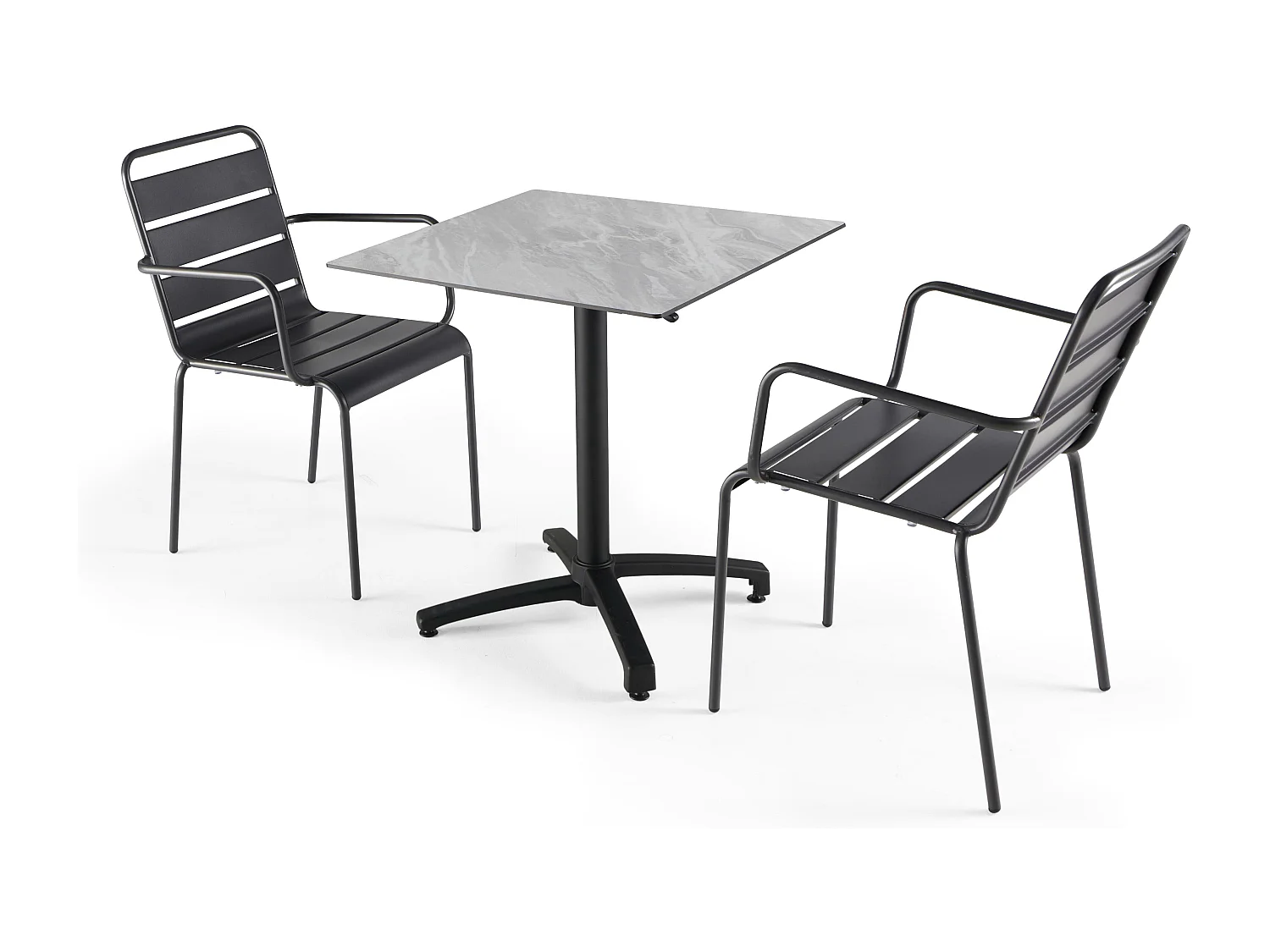 Ensemble table de terrasse stratifié marbre et 2 fauteuils gris