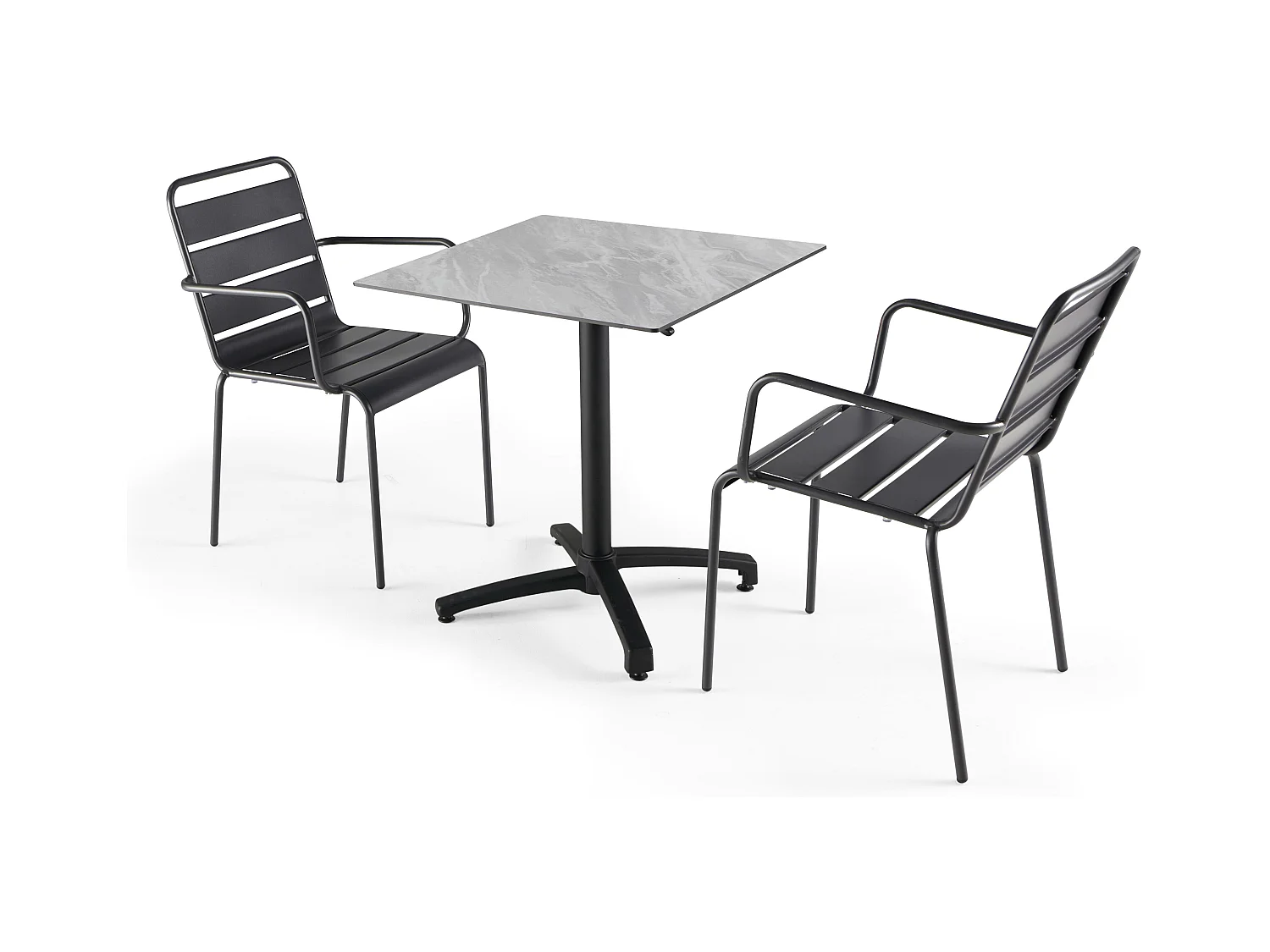 Ensemble table de jardin stratifié marbre et 2 fauteuils gris