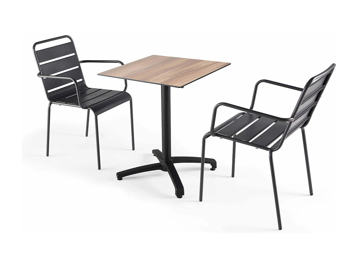 Ensemble table de terrasse stratifié en chene et 2 fauteuils gris