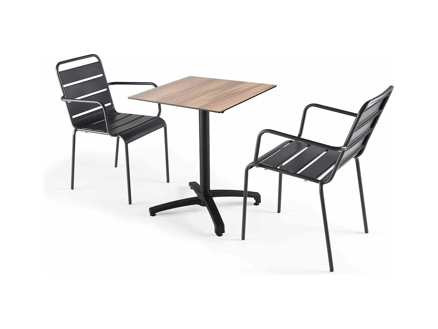 Ensemble table de terrasse stratifié en chene et 2 fauteuils gris