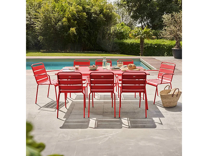 Ensemble table de jardin et 8 fauteuils en métal rouge - Palavas
