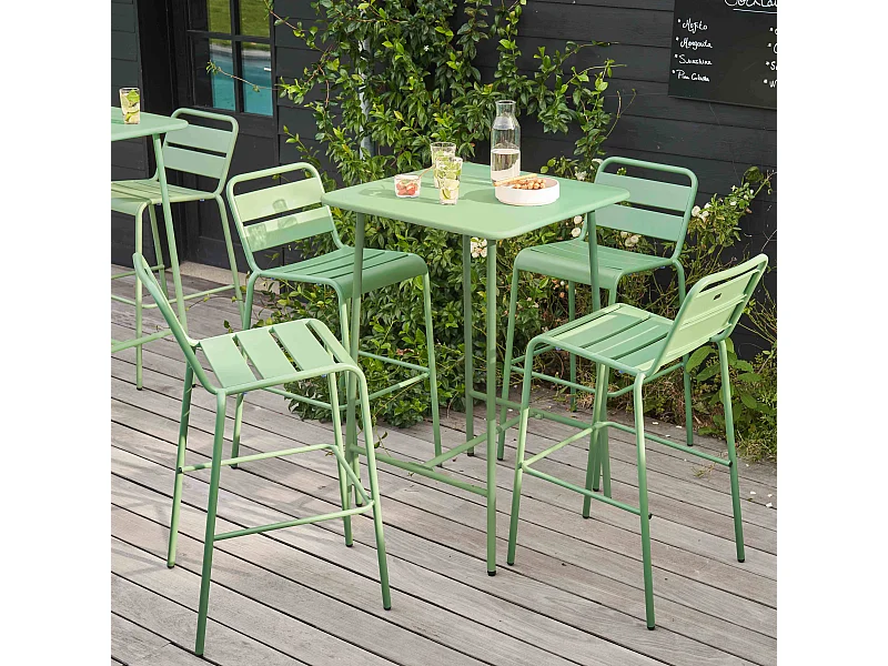 Ensemble table de bar et 4 chaises hautes en métal vert sauge - Palavas