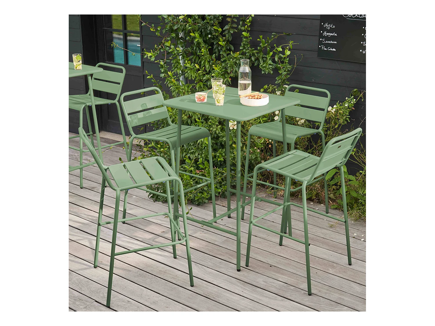 Ensemble table de bar et 4 chaises hautes en métal vert cactus  - Palavas