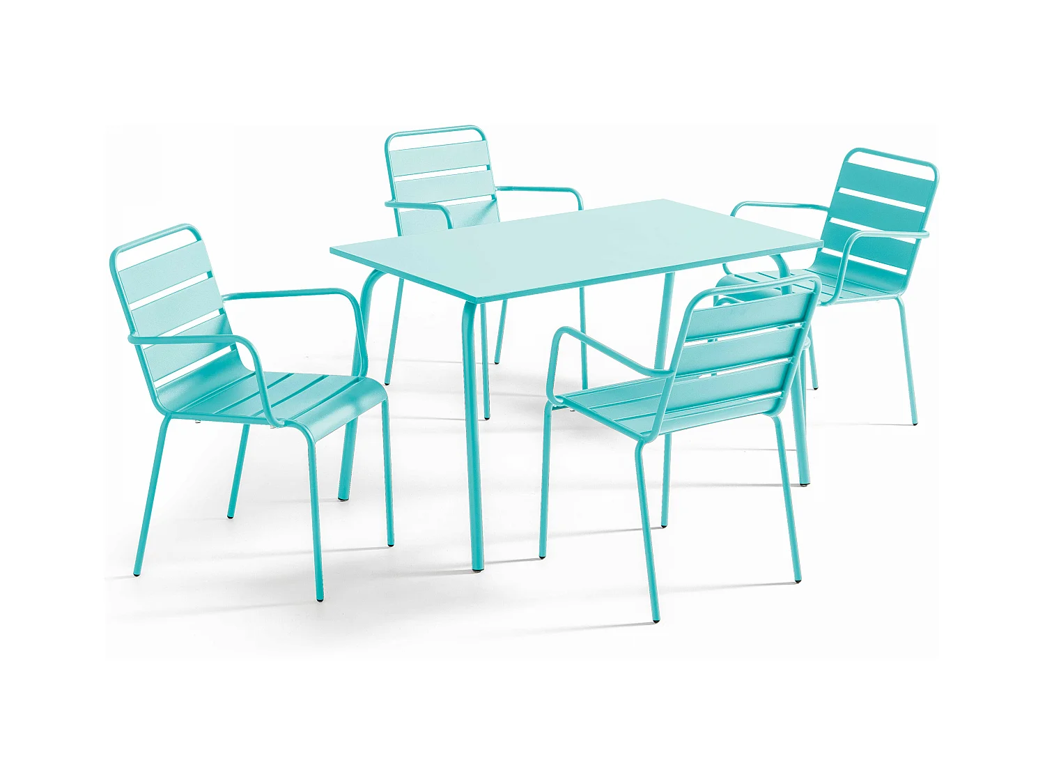 Ensemble table de jardin et 4 fauteuils en métal turquoise - Palavas