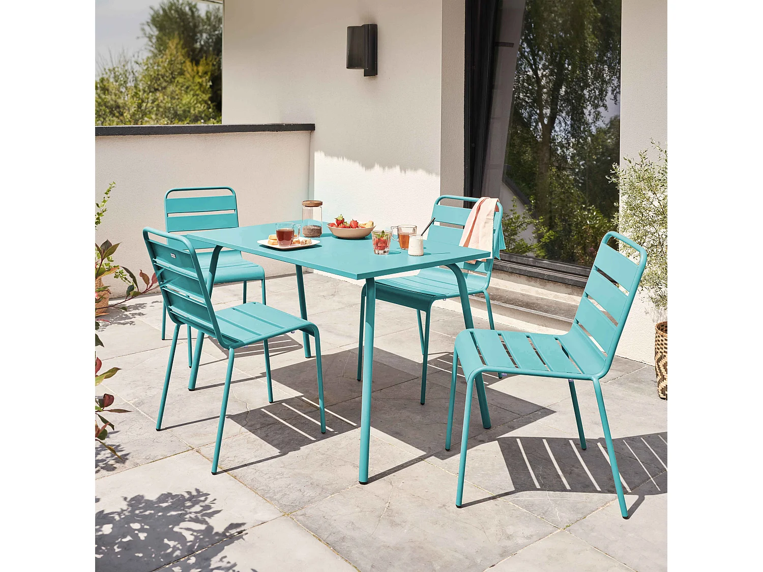 Ensemble table de jardin en métal et 4 chaises turquoise - Palavas
