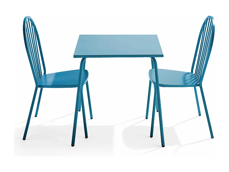 Ensemble table de jardin bistrot et 2 chaises en acier bleu pacific - Palavas