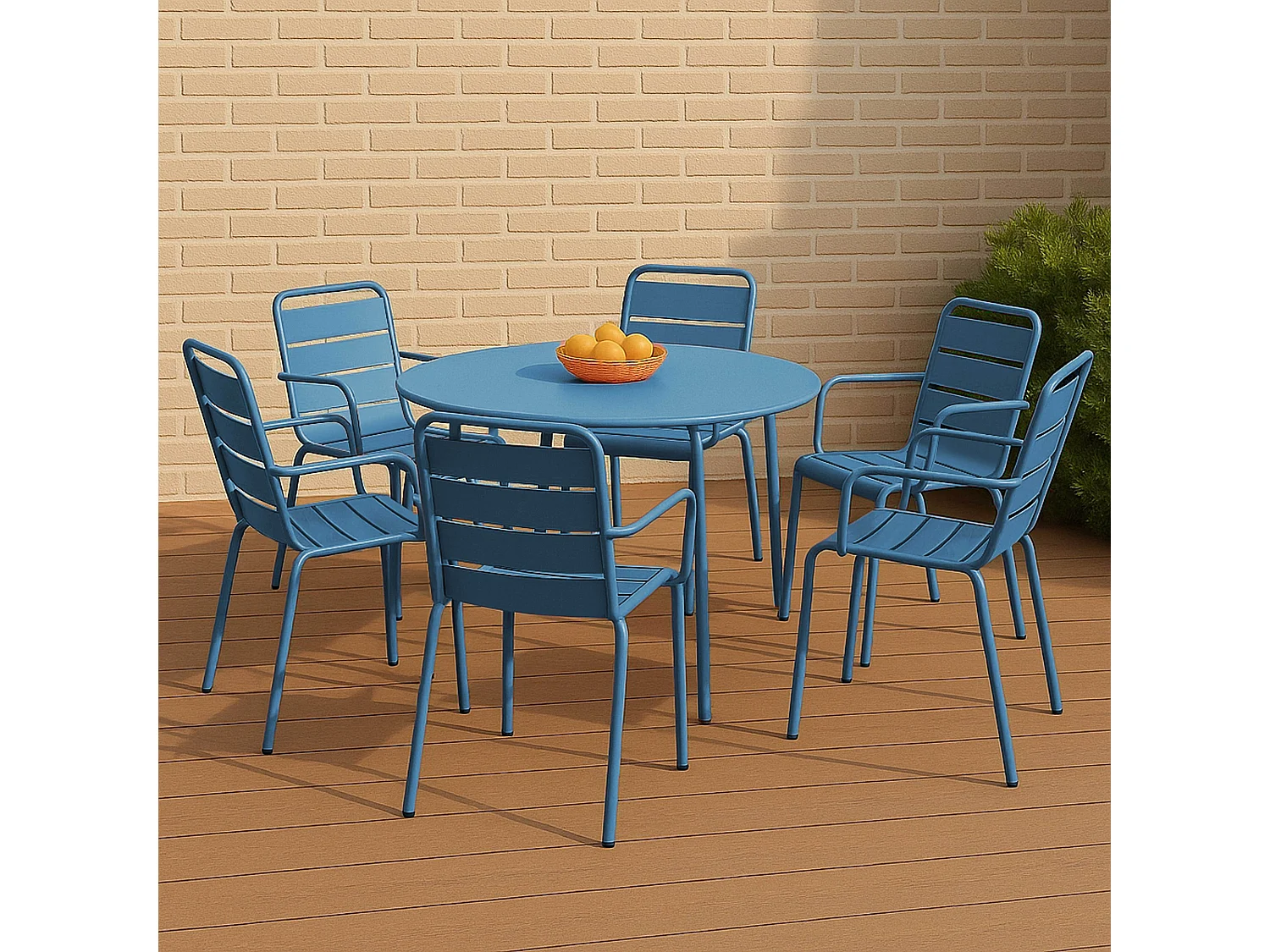 Ensemble table de jardin ronde et 6 fauteuils acier bleu pacific - Palavas