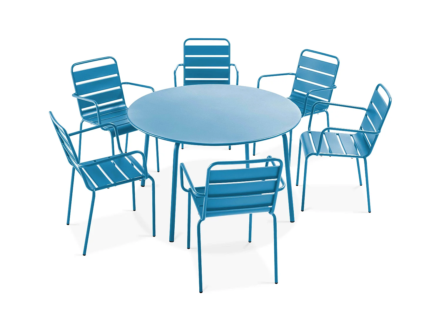 Ensemble table de jardin ronde et 6 fauteuils acier bleu pacific - Palavas