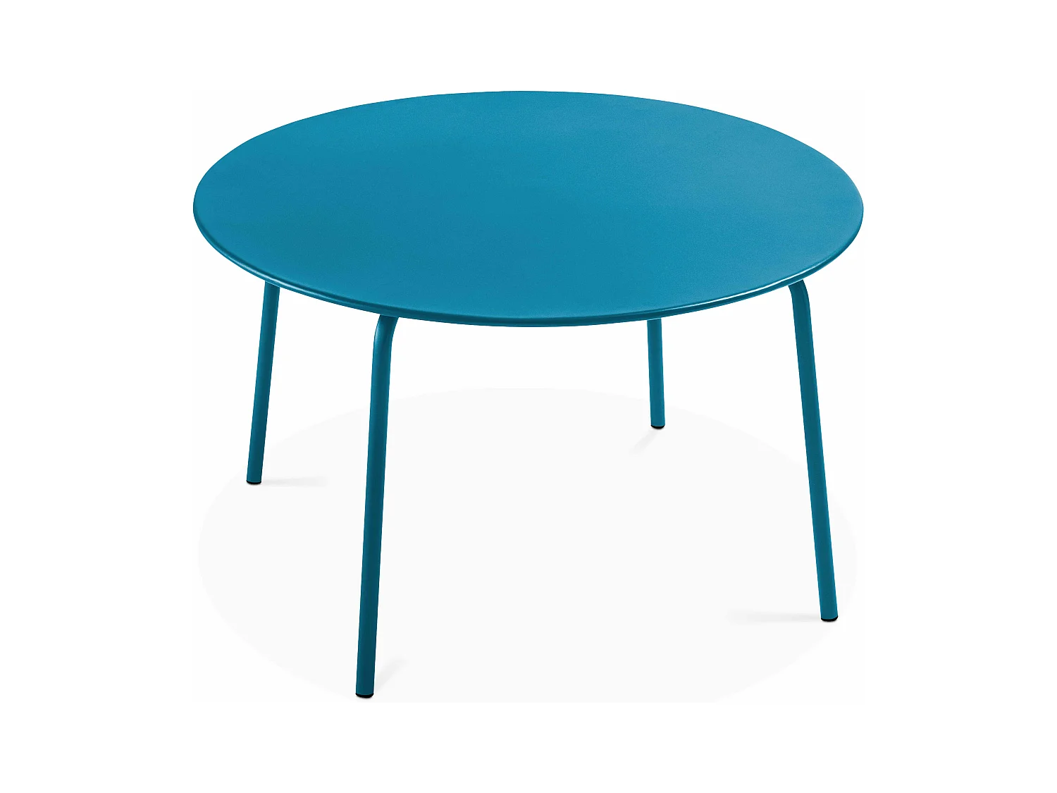 Set van een ronde tuin tafel en 6 blauwe Pacific stalen fauteuils