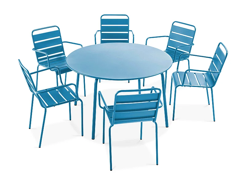 Ensemble table de jardin ronde et 6 fauteuils acier bleu pacific - Palavas