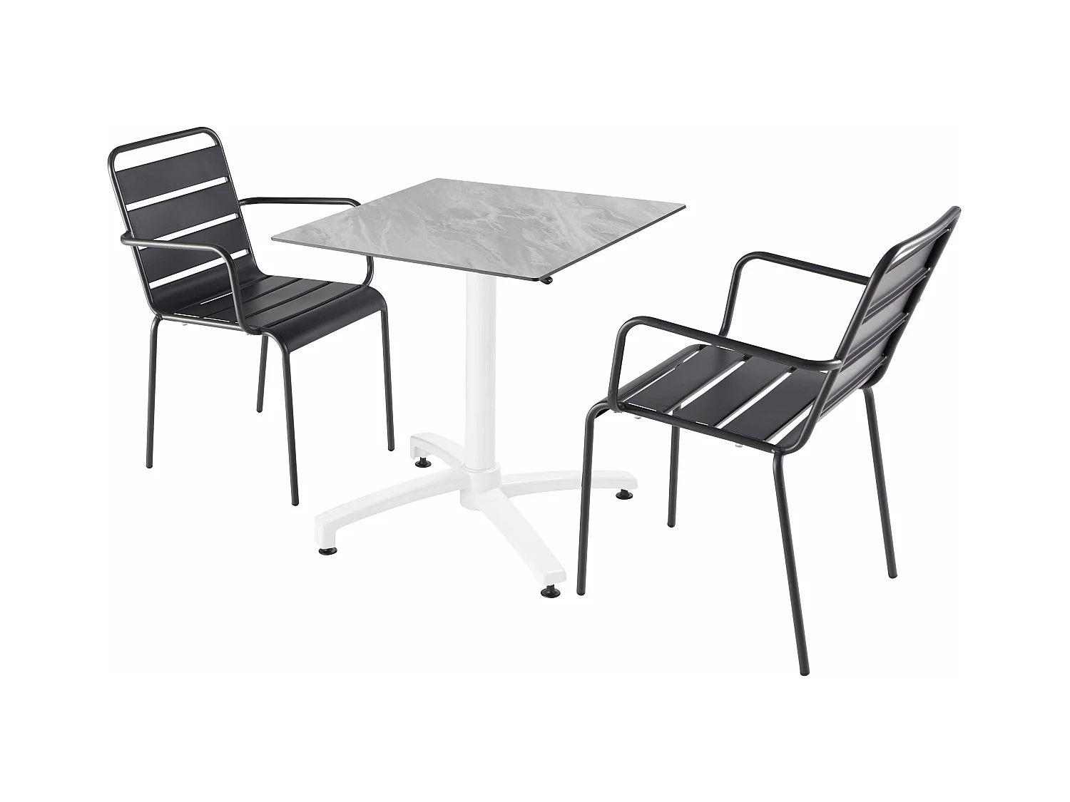 Ensemble table de terrasse stratifié marbre et 2 fauteuils gris
