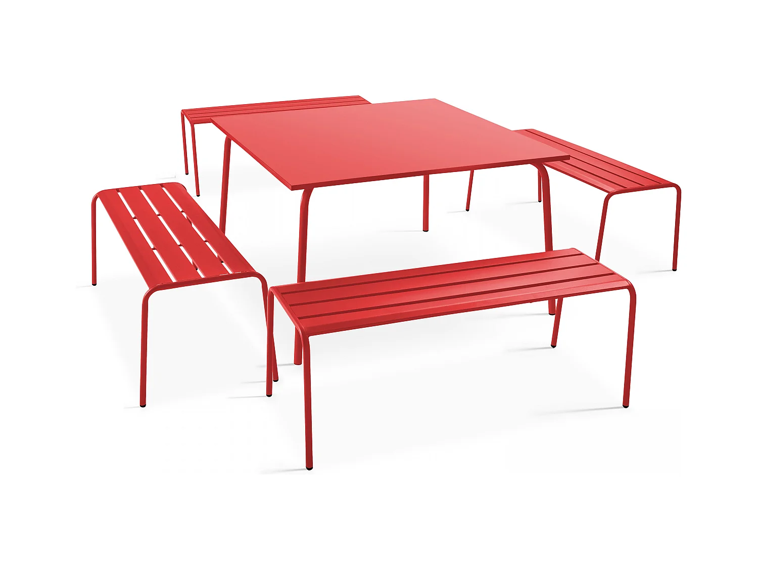 Ensemble table de jardin carrée et 4 bancs en métal rouge - Palavas