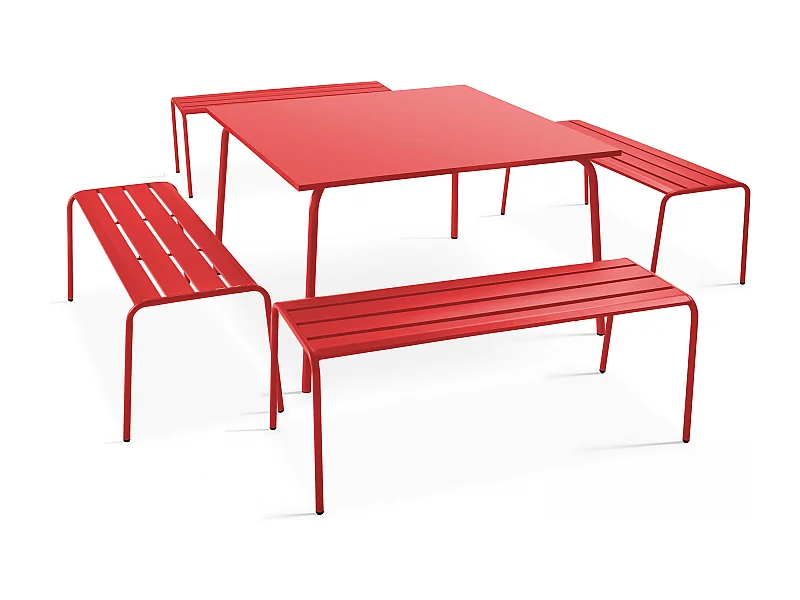 Ensemble table de jardin carrée et 4 bancs en métal rouge - Palavas