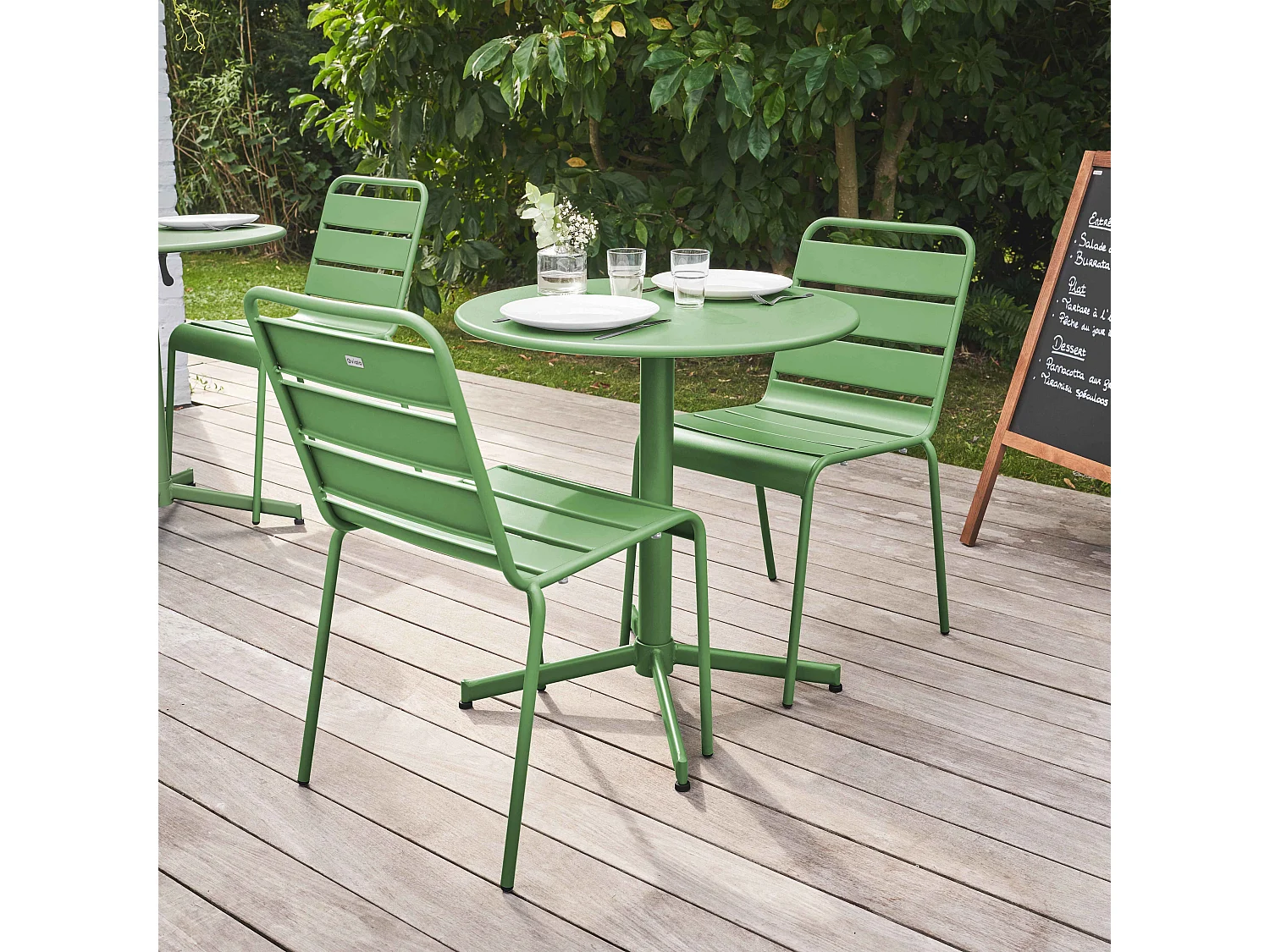Ensemble table de jardin ronde et 2 chaises métal vert cactus - Palavas