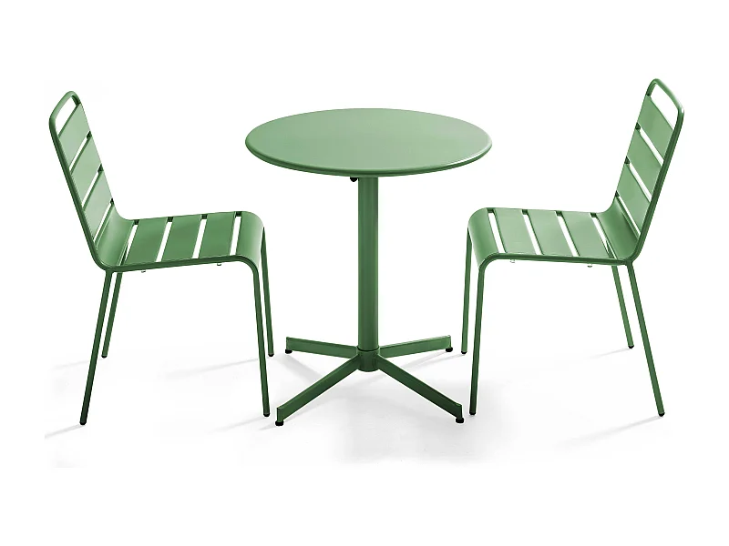 Set van een ronde tuin tafel en 2 groene cactus stoelen