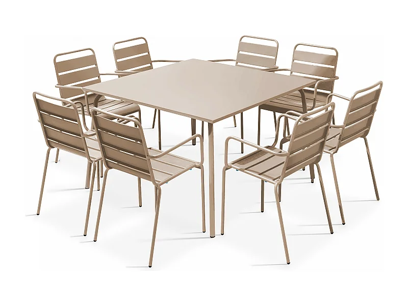 Ensemble table de jardin carrée et 8 fauteuils en métal taupe - Palavas
