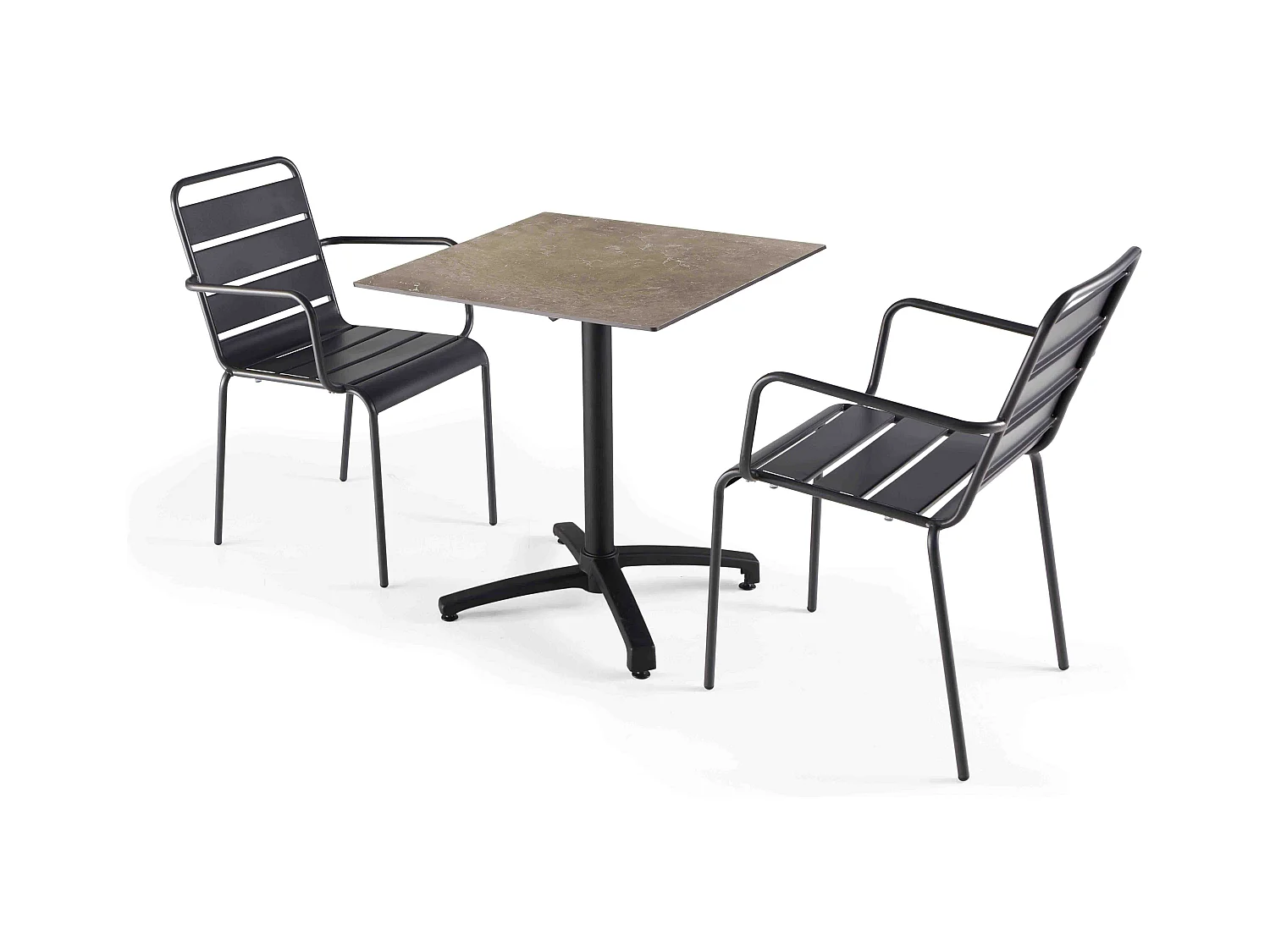 Ensemble table de terrasse stratifié marbre beige et 2 fauteuils gris