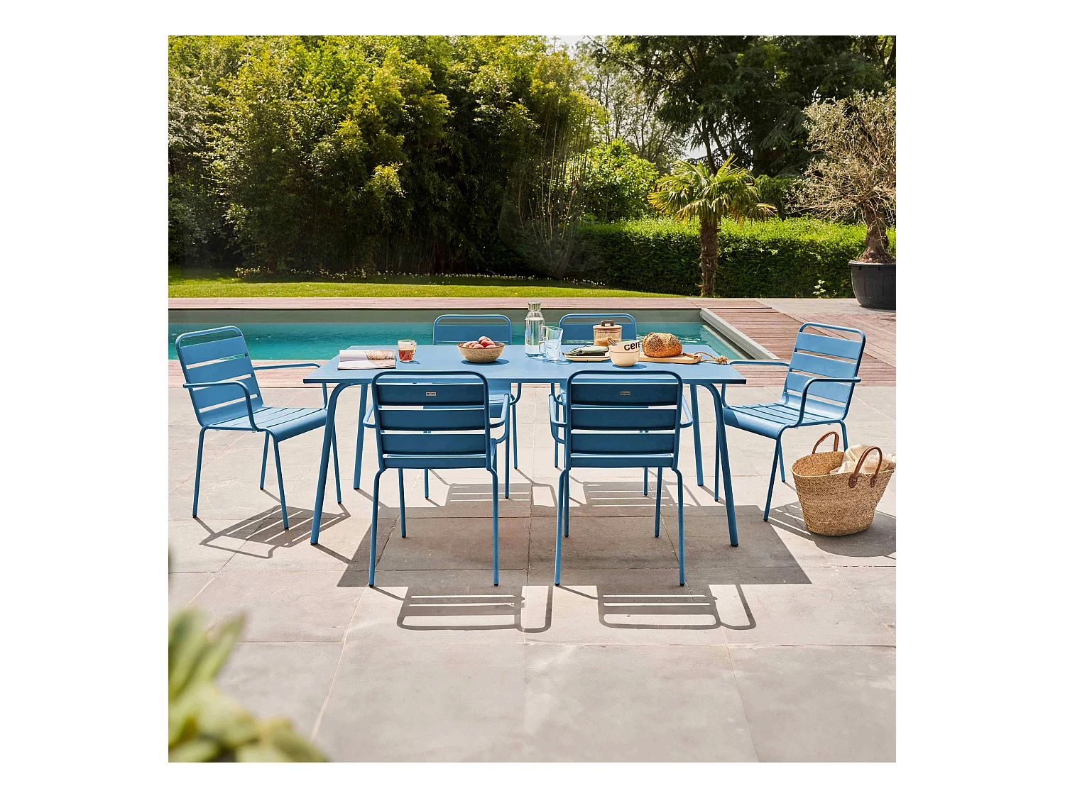 Ensemble table de jardin et 6 fauteuils en métal bleu pacific - Palavas