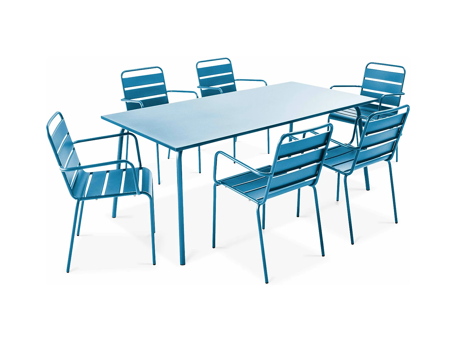 Tuinset met tafel en 6 fauteuils in blauw pacific metaal