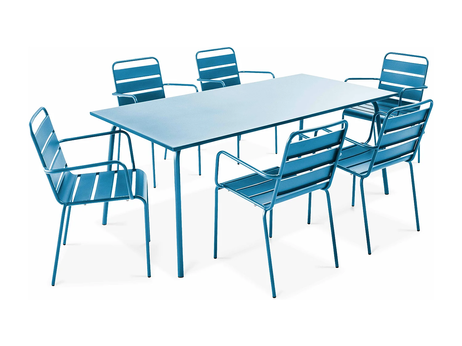 Tuinset met tafel en 6 fauteuils in blauw pacific metaal