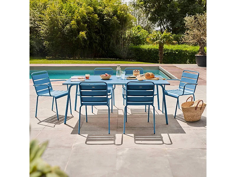 Ensemble table de jardin et 6 fauteuils en métal bleu pacific - Palavas