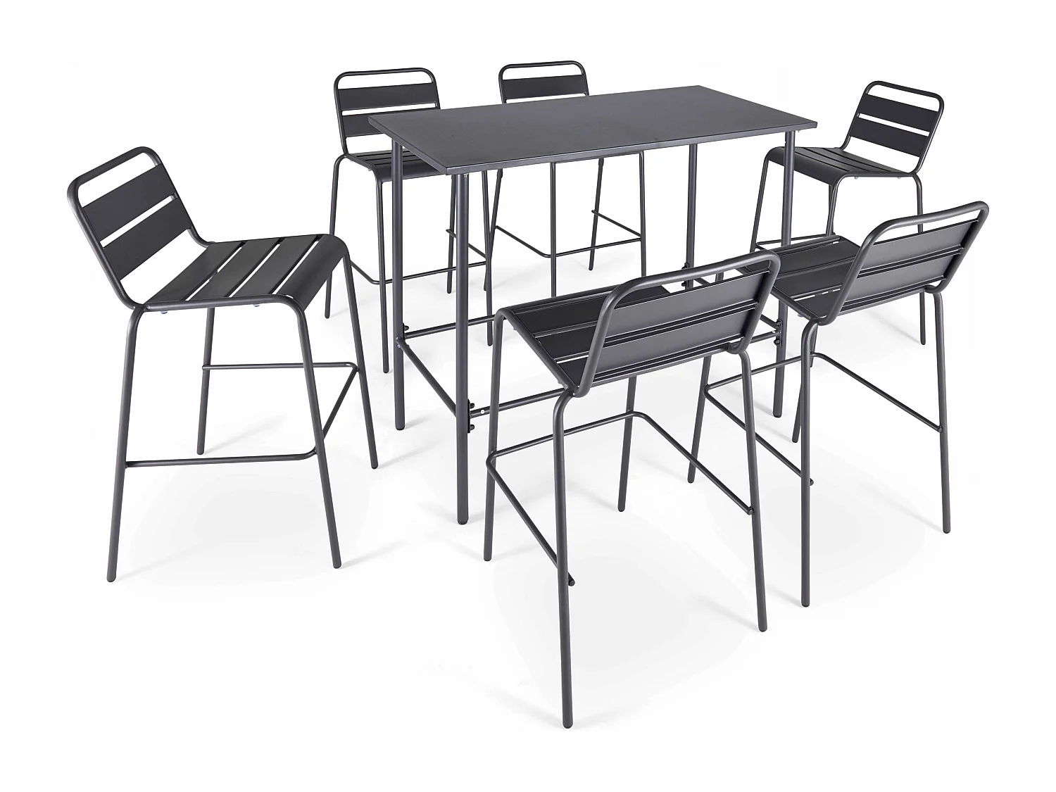 Set van een hoge tuin tafel en 6 grijze stoelen