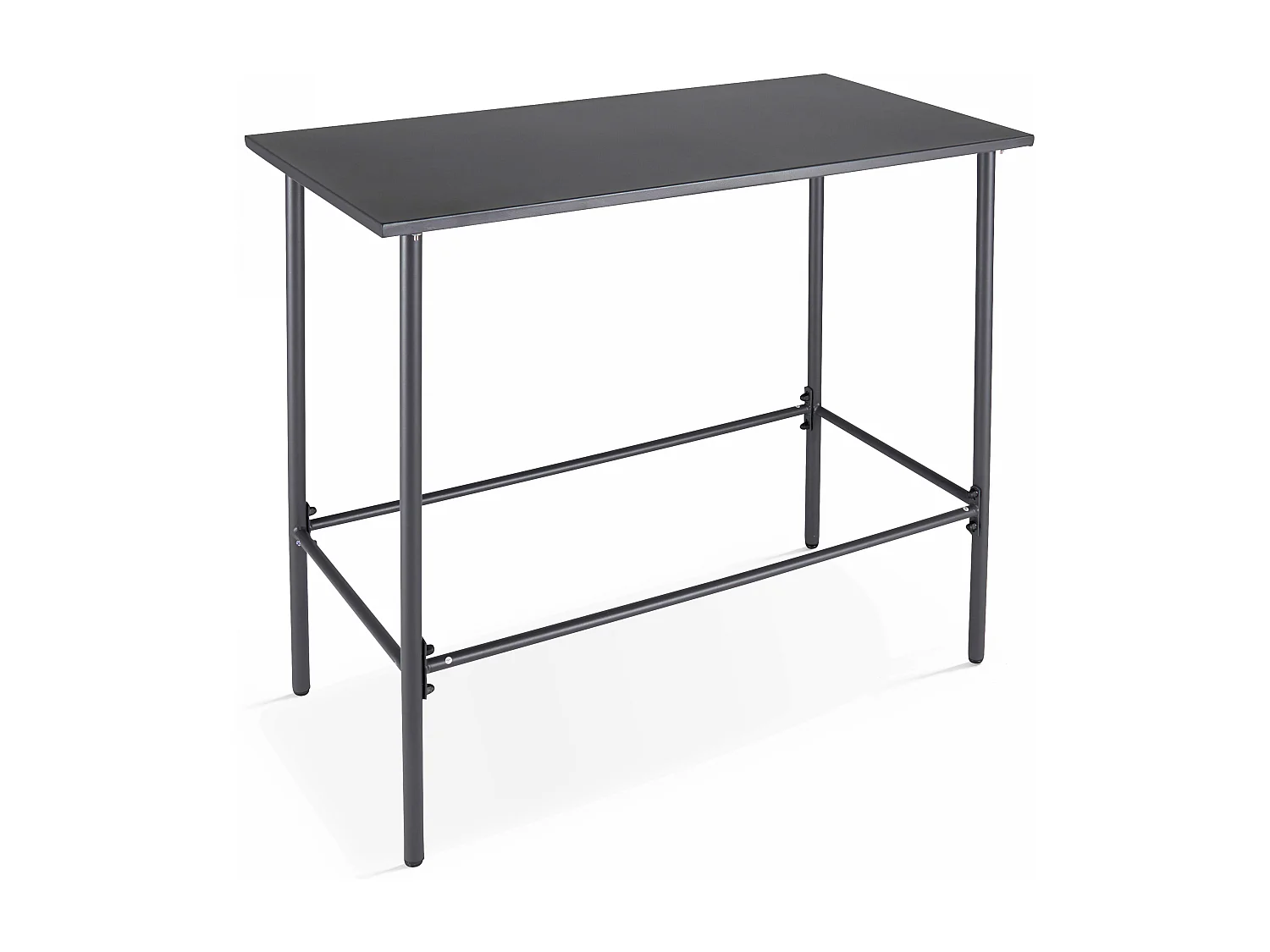 Set van een hoge tuin tafel en 6 grijze stoelen