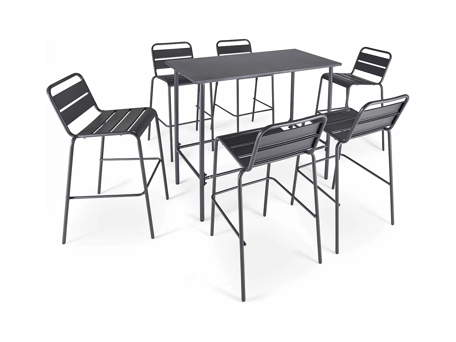 Ensemble table haute de jardin et 6 chaises en métal gris - Palavas